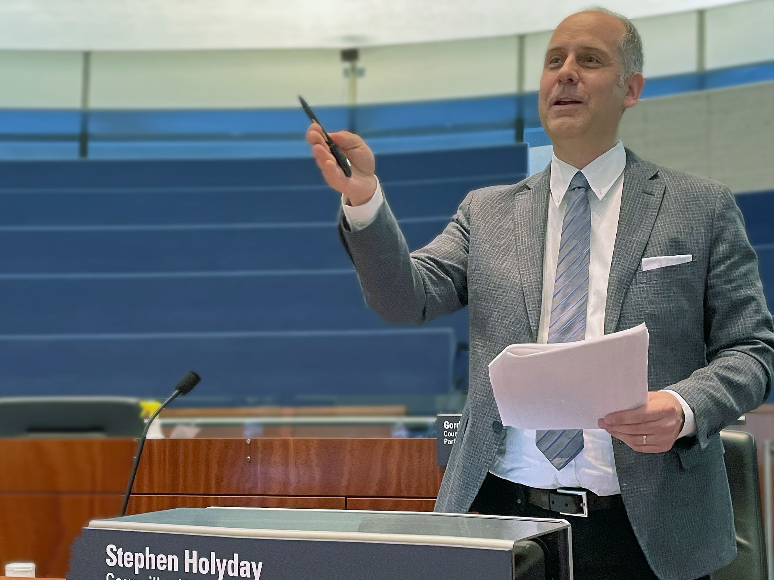 Stephen Holyday speaking at City Hall